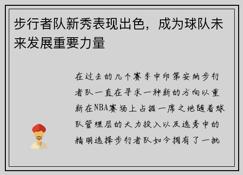步行者队新秀表现出色，成为球队未来发展重要力量