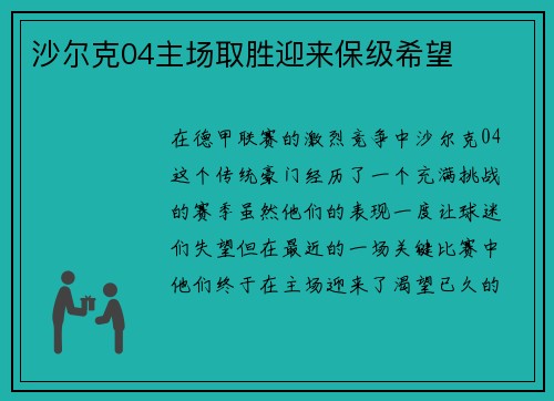 沙尔克04主场取胜迎来保级希望