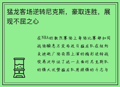 猛龙客场逆转尼克斯，豪取连胜，展现不屈之心