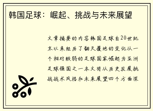 韩国足球：崛起、挑战与未来展望